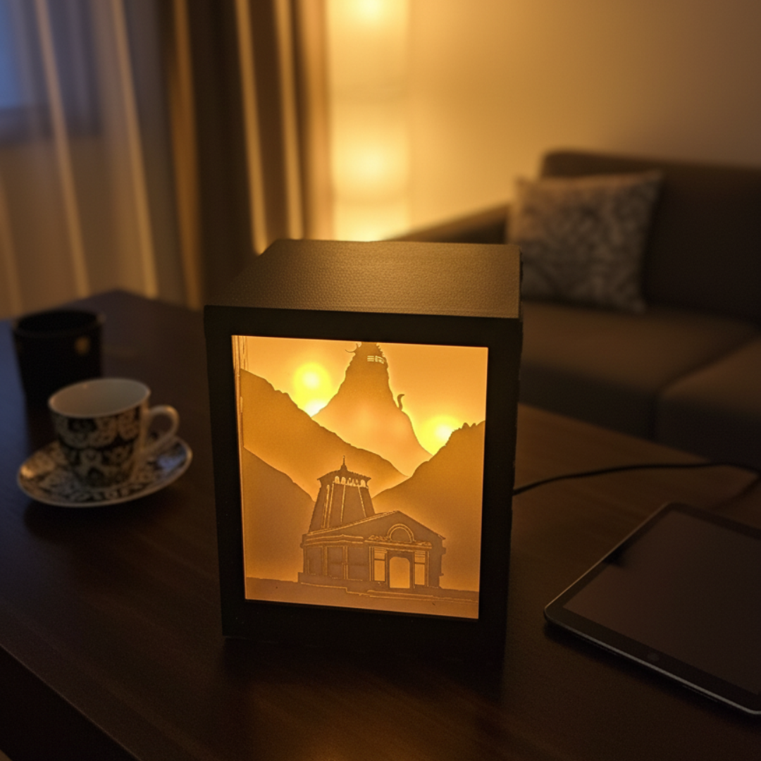 Kedarnath Divine Peaks: Himalayan Temple Shadow Box Lamp