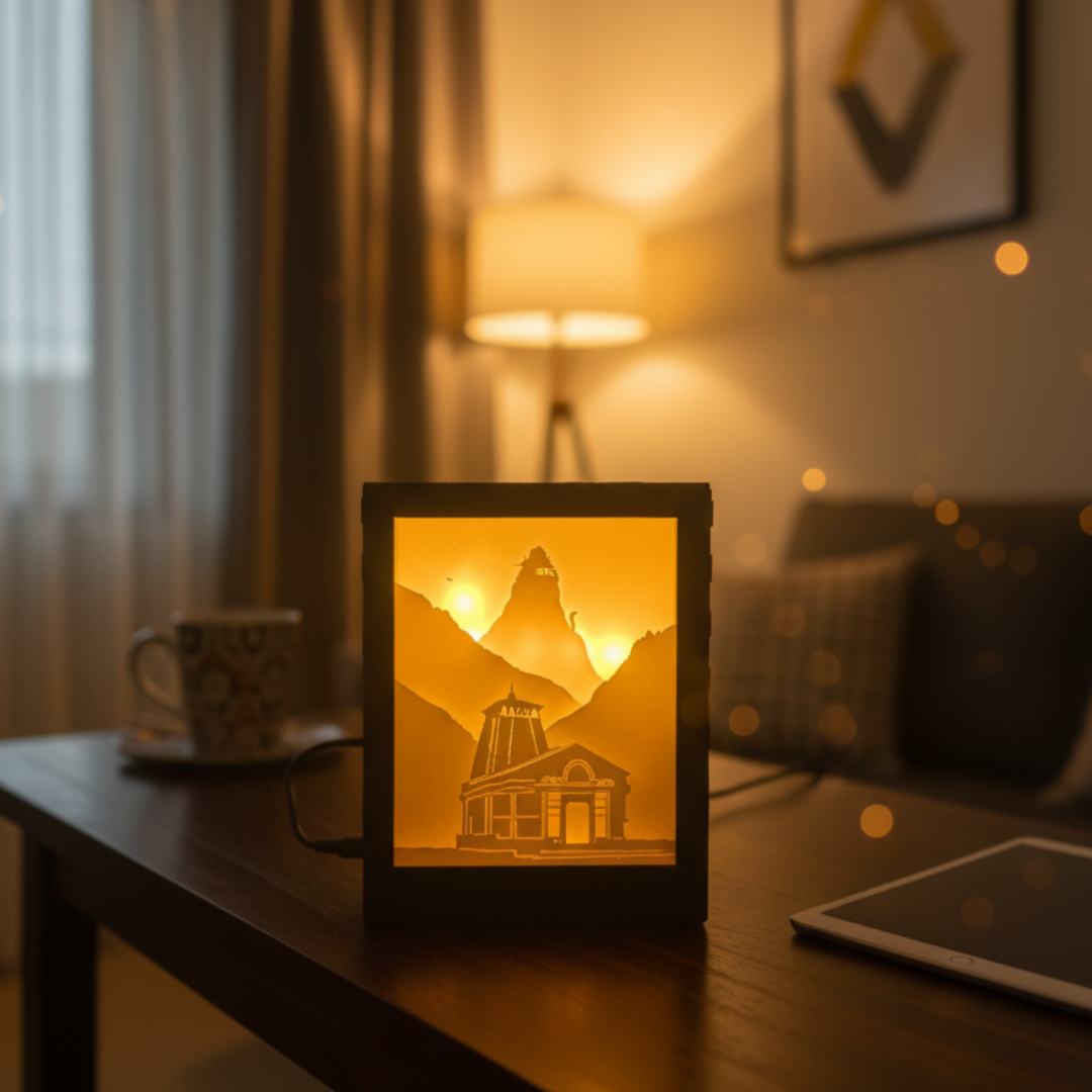 Kedarnath Divine Peaks: Himalayan Temple Shadow Box Lamp