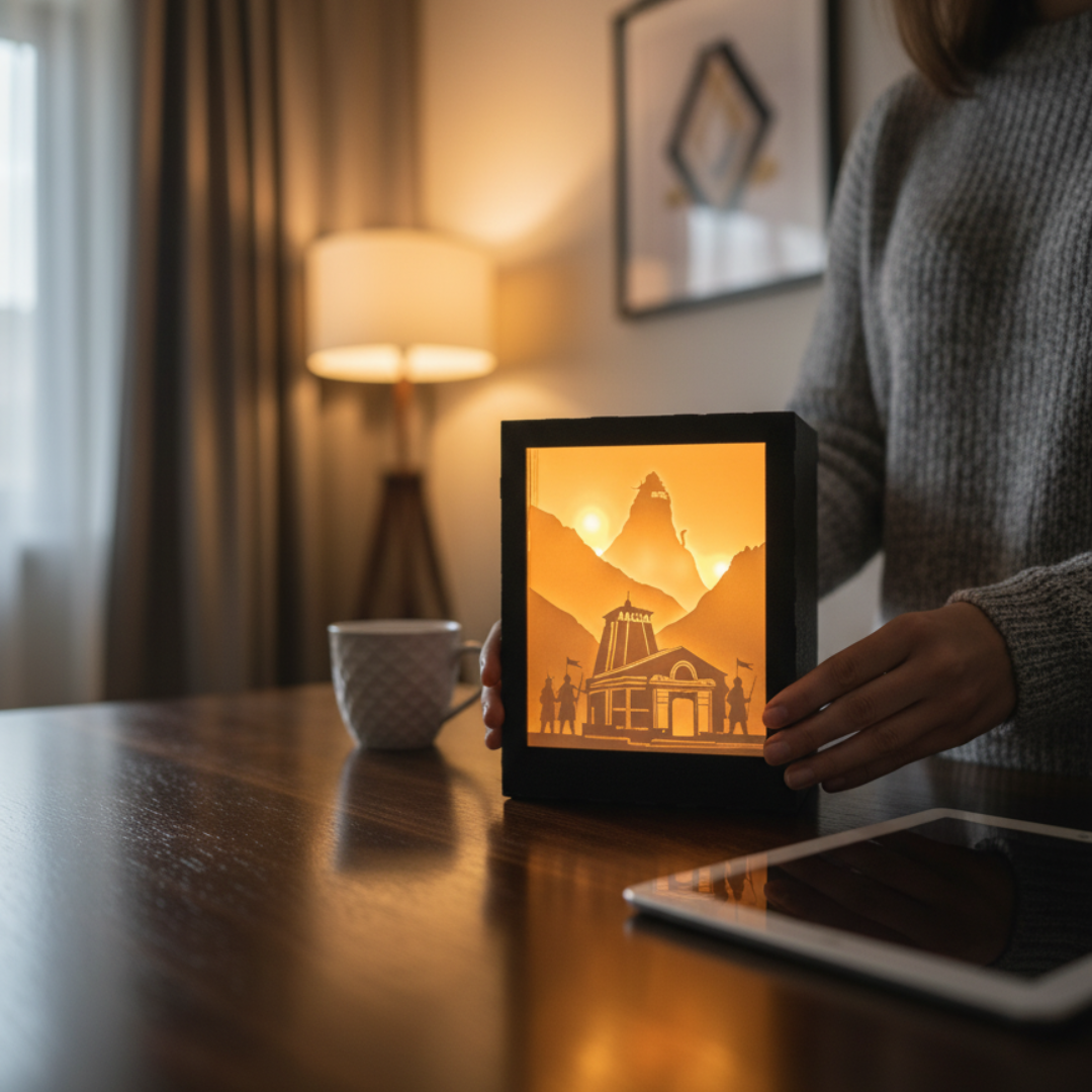 Kedarnath Divine Peaks: Himalayan Temple Shadow Box Lamp