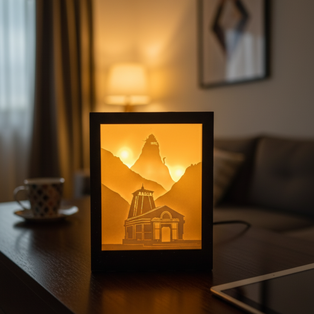 Kedarnath Divine Peaks: Himalayan Temple Shadow Box Lamp
