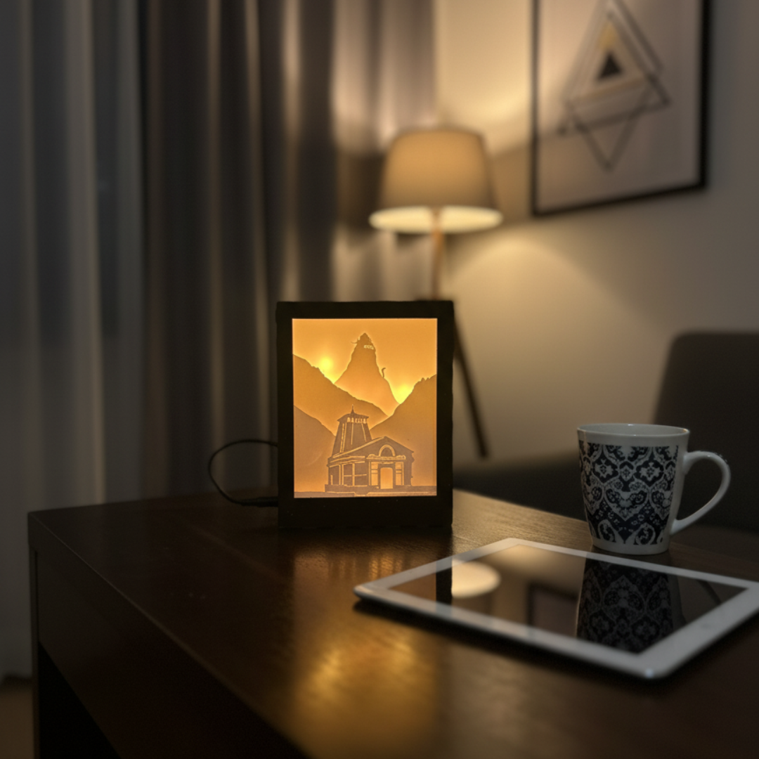 Kedarnath Divine Peaks: Himalayan Temple Shadow Box Lamp