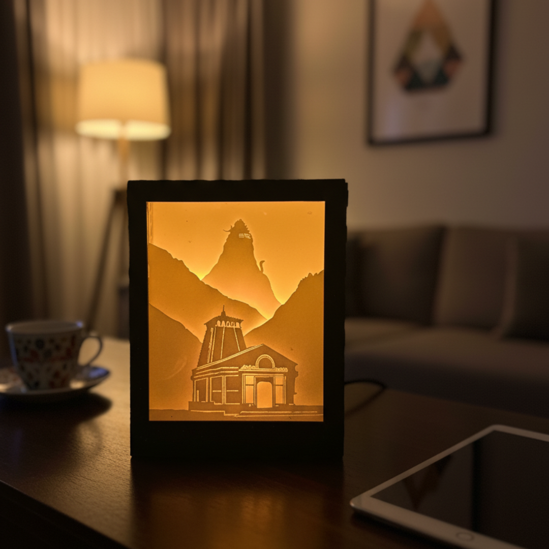 Kedarnath Divine Peaks: Himalayan Temple Shadow Box Lamp